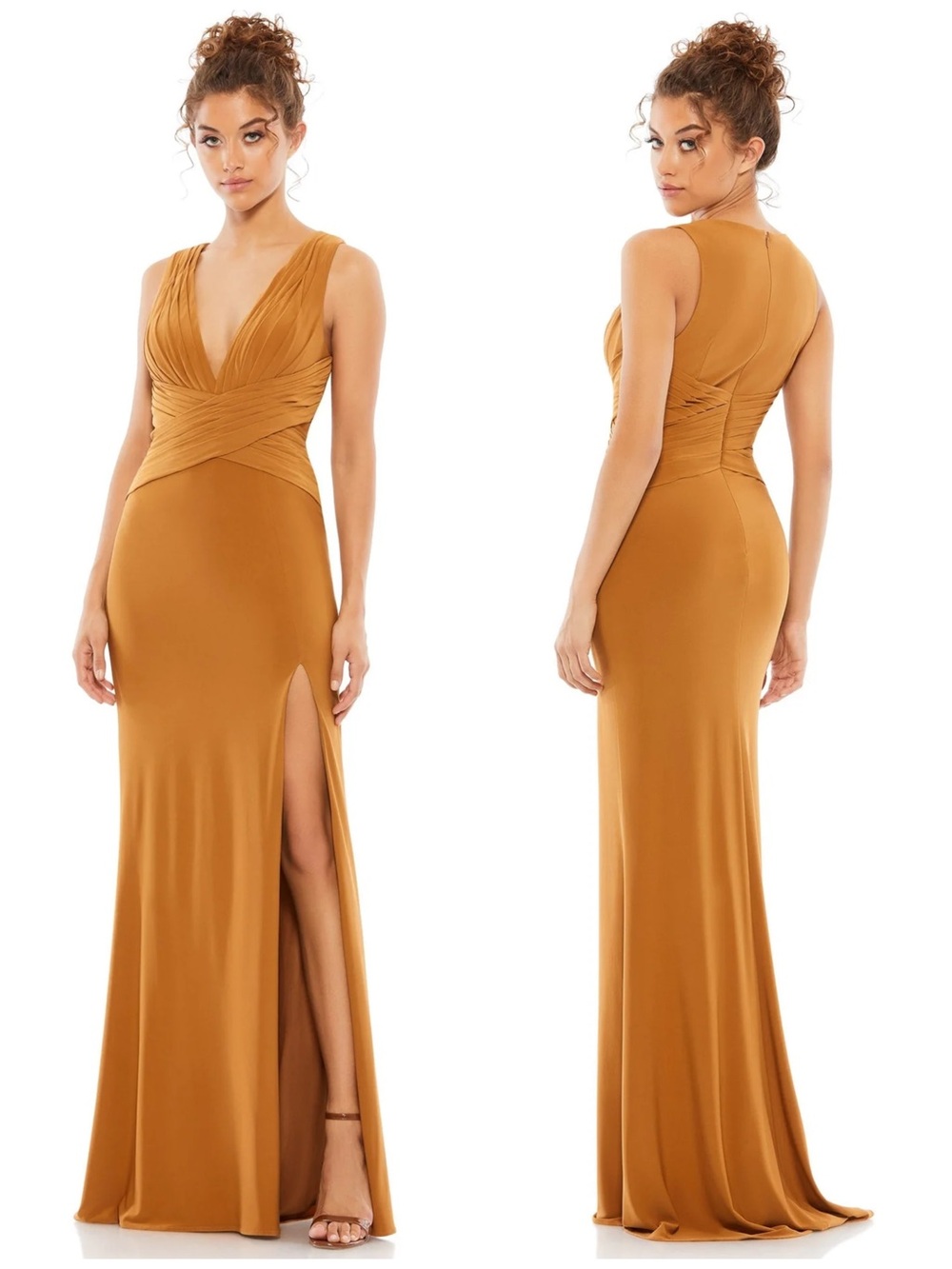 Mac Duggal Caramel Sleeveless V-Neck Side Slit Maxi Gown Dress 55703 NWT $338
